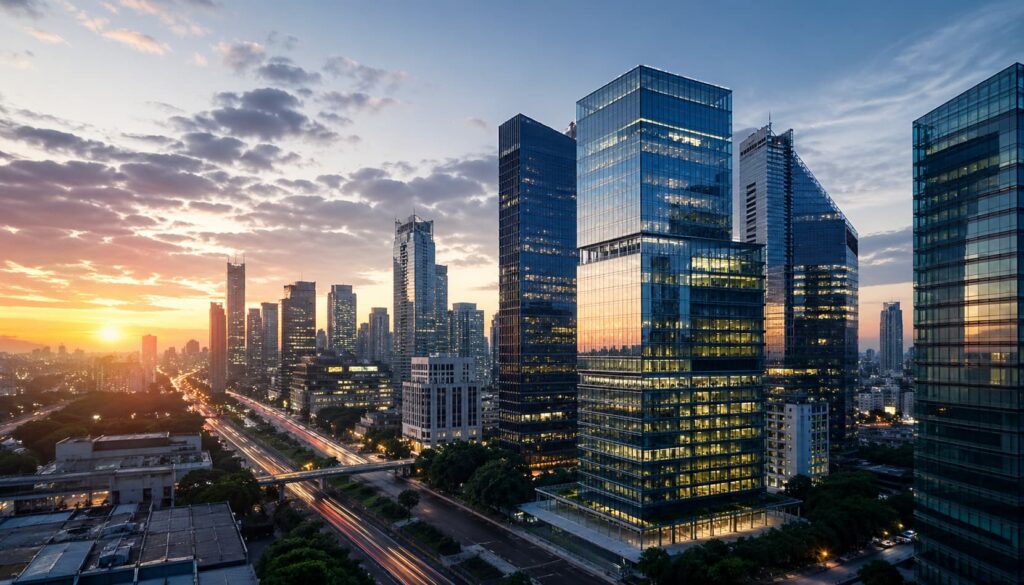 Skyline corporativo con edificios modernos de vidrio al atardecer representando bienes raíces y estrategia de espacios de trabajo