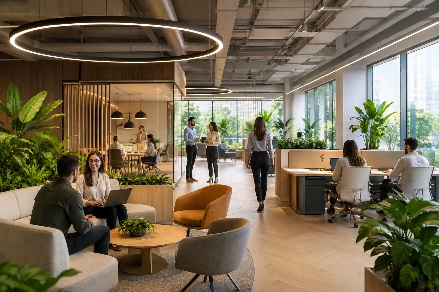 Oficina corporativa moderna con espacios colaborativos, diseño flexible y ambiente enfocado en bienestar laboral