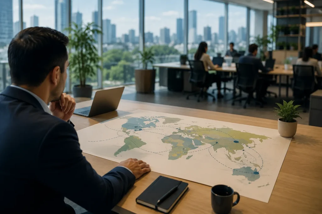 Ejecutivo analizando estrategias de smartshoring y workplace strategy para optimizar operaciones globales en una oficina corporativa moderna.