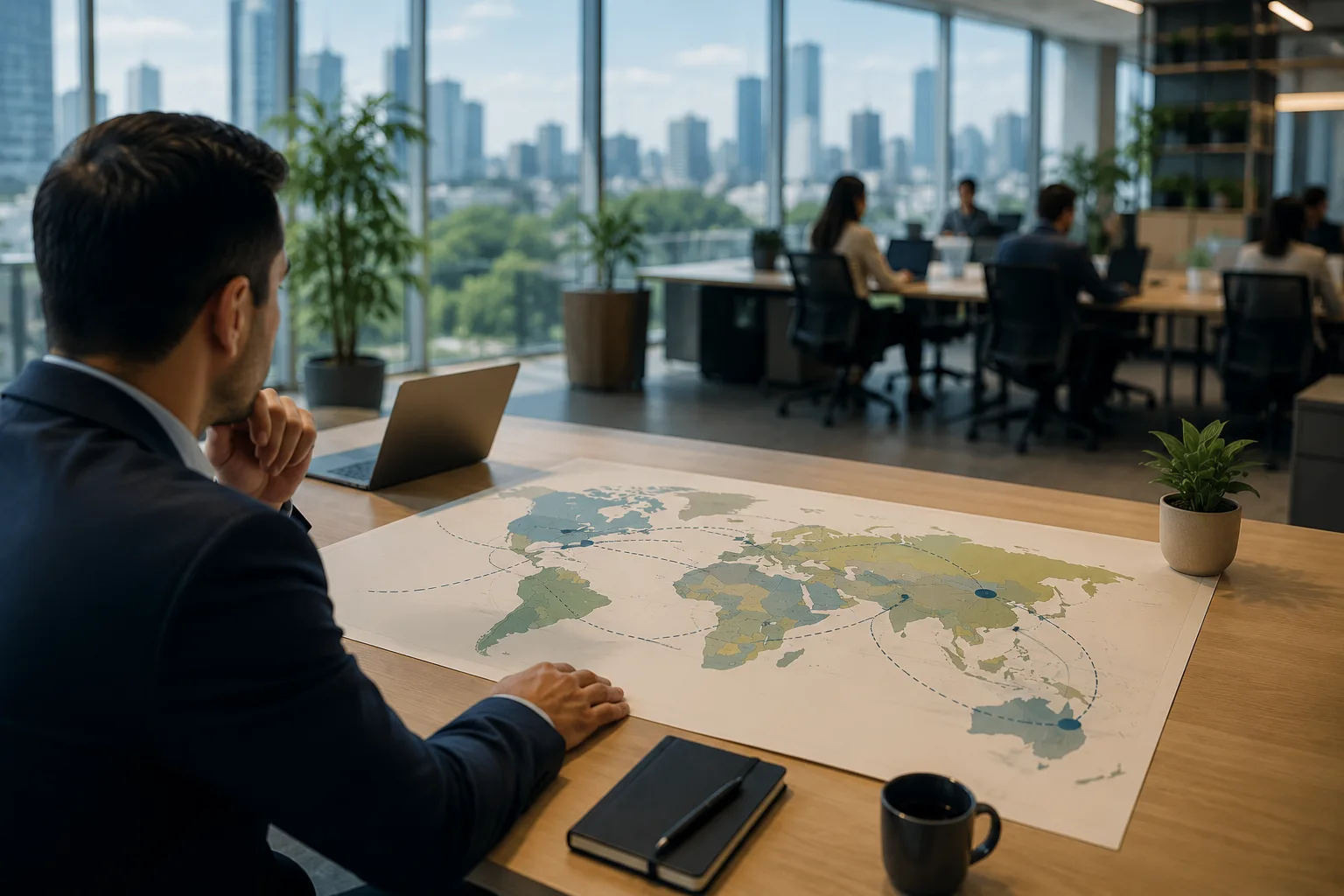 Ejecutivo analizando estrategias de smartshoring y workplace strategy para optimizar operaciones globales en una oficina corporativa moderna.